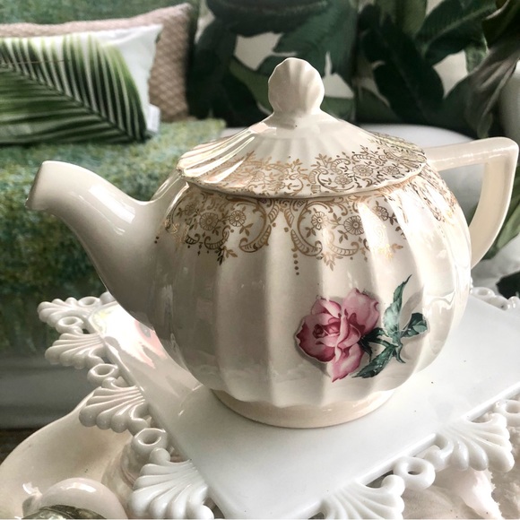 Other - Vintage Shabby Chic Teapot Large Pink Rose Gold Filigree